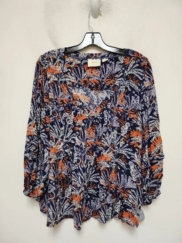 Women's Blouse with Sweetheart CollarTop Long Sleeve By Maeve In Blue & Orange, Size: L