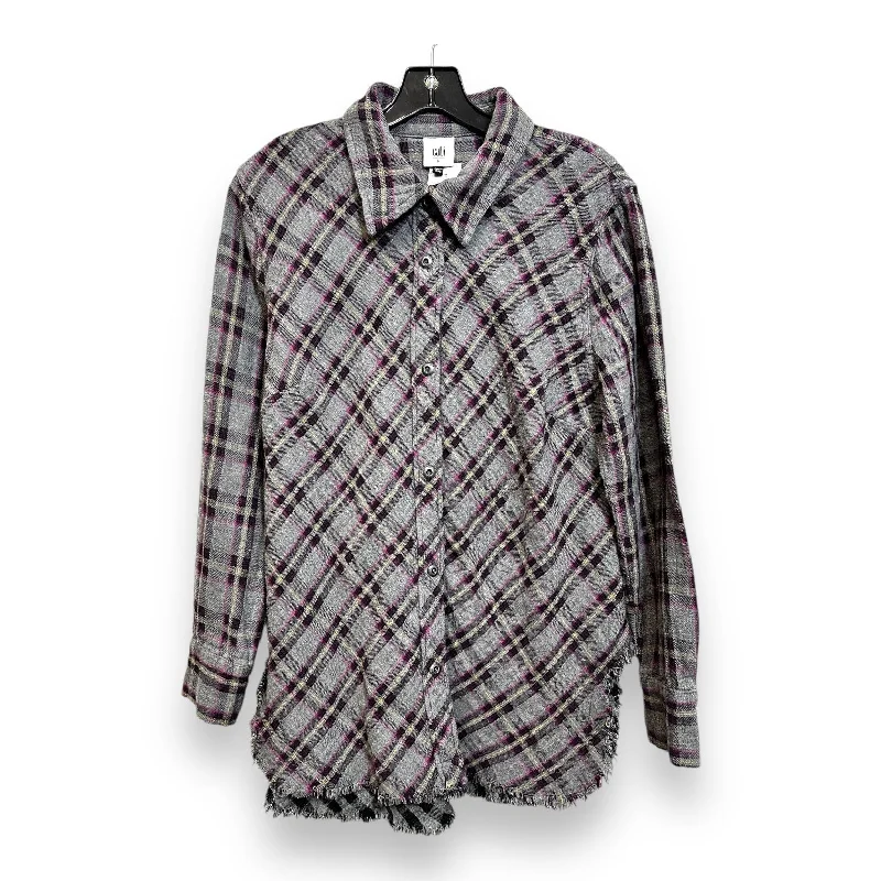 Women's Blouse with U-Shaped NeckTop Long Sleeve By Cabi In Plaid, Size: M
