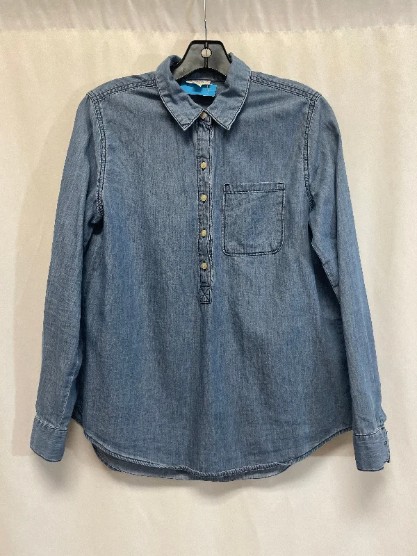 Women's Blouse with Collarless DesignTop Long Sleeve By Ana In Blue Denim, Size: S