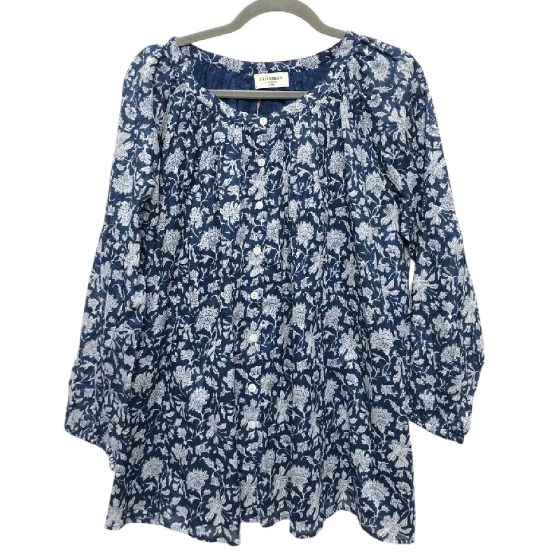 Women's Ruffled BlouseTop Long Sleeve By Cmc In Blue & White, Size: Osfm