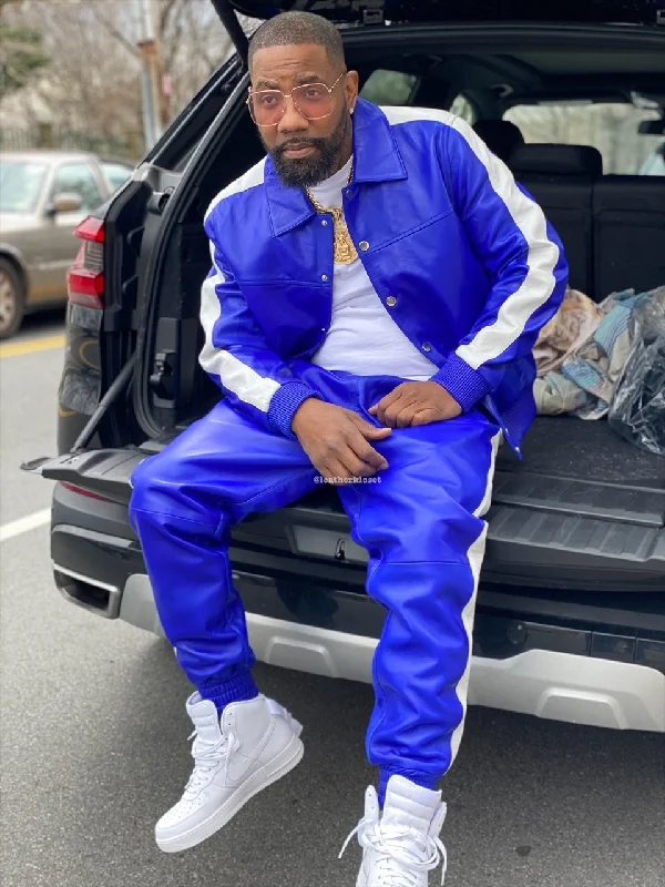 men's waterproof parka coatMen's Leather Track Suit Sweatsuit [Royal/White]