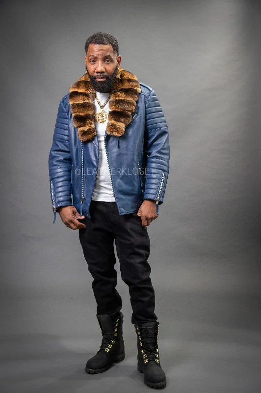 men's bomber jacket with adjustable sleevesMen's Jay Biker Navy Real Chinchilla Collar [Brown Chinchilla]