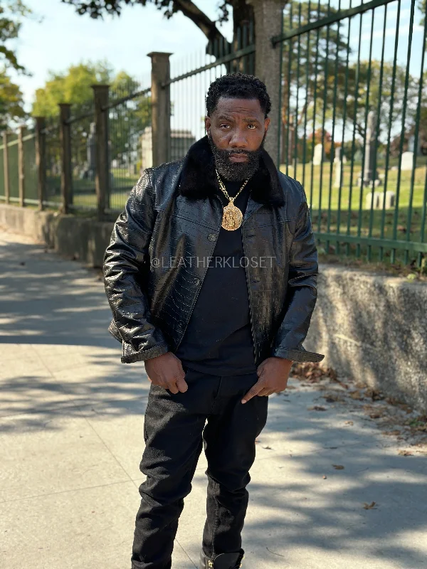 men's leather motorcycle jacketMen's Teddy Croco Stamped Leather Jacket [Black]