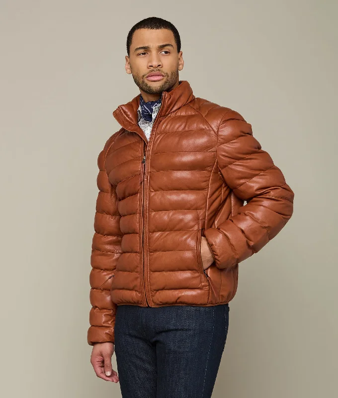 men's lightweight bomber jacketMen's Leather Puffer Jacket :: Cognac