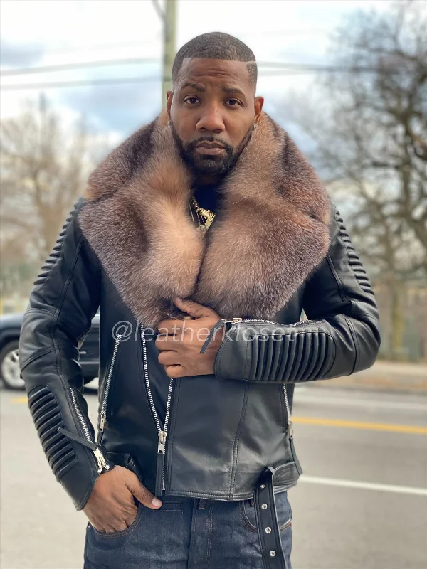 men's parka coat with pocketsMen's Trey Biker Full Fox Fur Collar [Crystal]