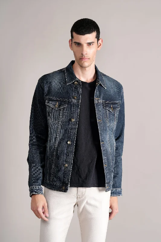 affordable men's leather jacketMen's Blue Spread Collar Denim Jacket