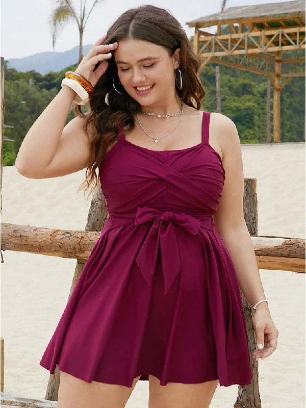 Women's High-Neck DressesBowknot Crossover Pleated Detail Swim Dress