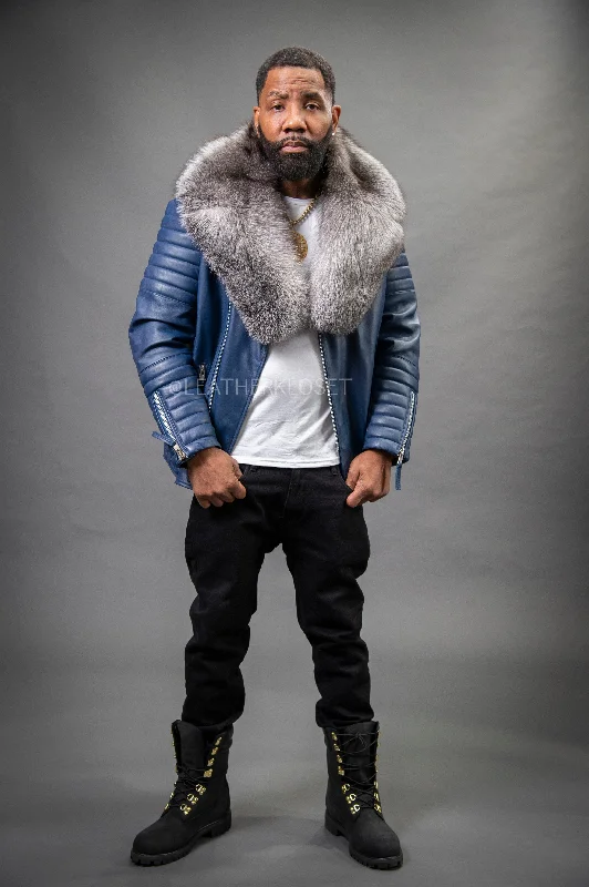 men's insulated parka with pockets and zippersMen's Jay Biker Navy With Full Fox Fur Collar [Silver Fox]