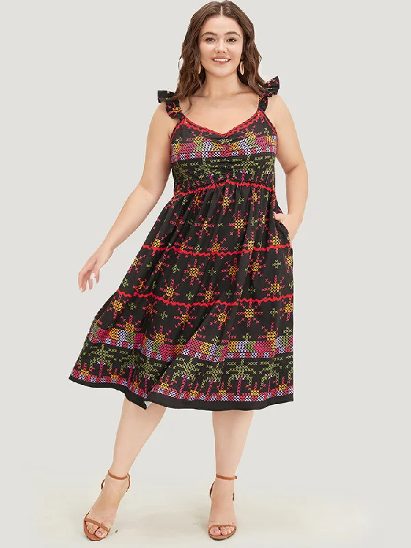 Women's V-Back DressesGeometric Print Ruffle Trim Pocket Ruched Detail Cami Dress