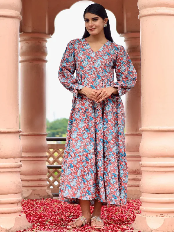 Women's Narrow-Neck DressesPeach Printed Cotton Fit and Flare Dress