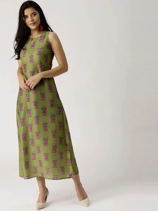 Women's Fit and Flare DressesOlive Green Printed Silk Dress