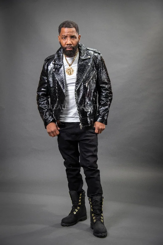 men's bomber jacket with patchesMen's Slim-Fit Croco Stamped Classic Biker Jacket [Black]