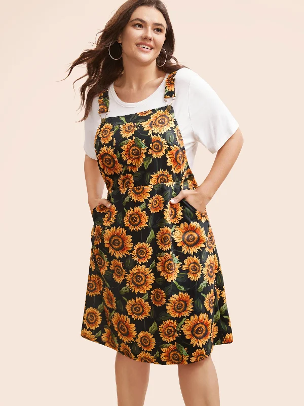 Women's Square Collar DressesFloral Adjustable Straps Patched Pocket Overall Dress