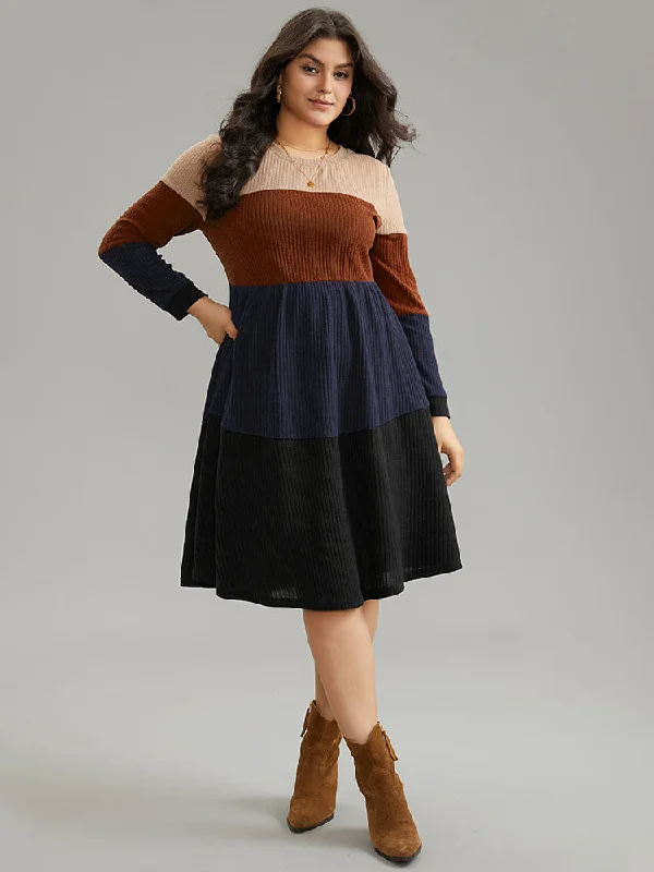 Women's Narrow-Neck DressesColorblock Rib Knit Pocket Patchwork Dress