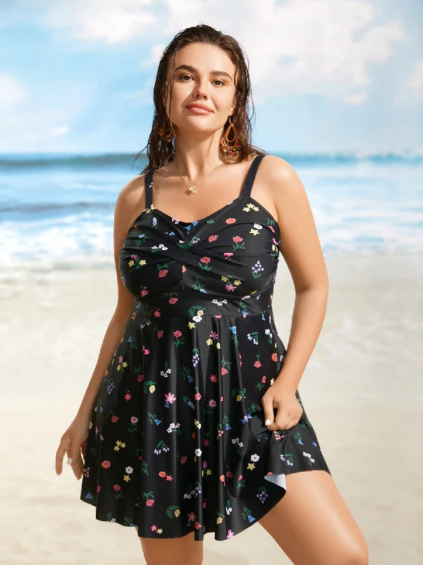 Women's Round-Neck DressesHeart Neckline Floral Twist Front Swim Dress