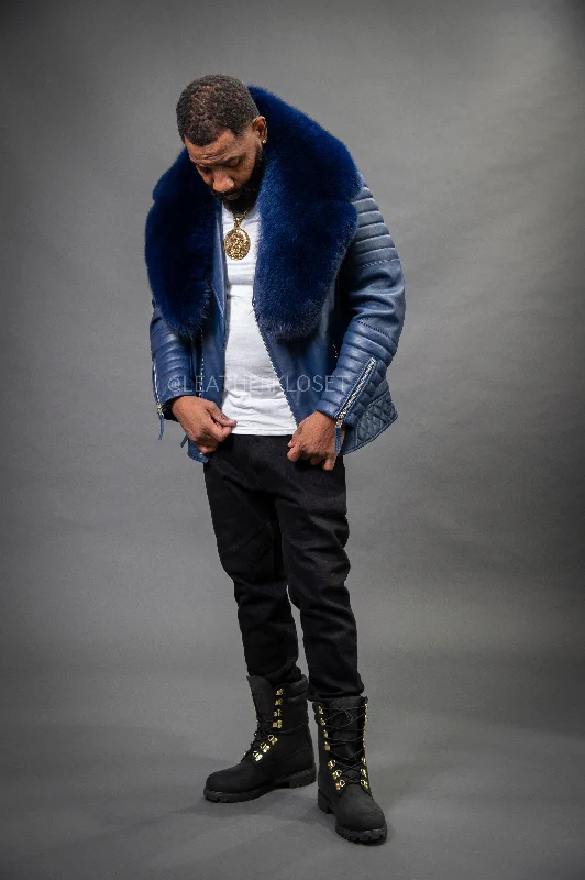 men's fleece-lined hoodie jacketMen's Jay Biker Navy With Full Fox Fur Collar [Navy]