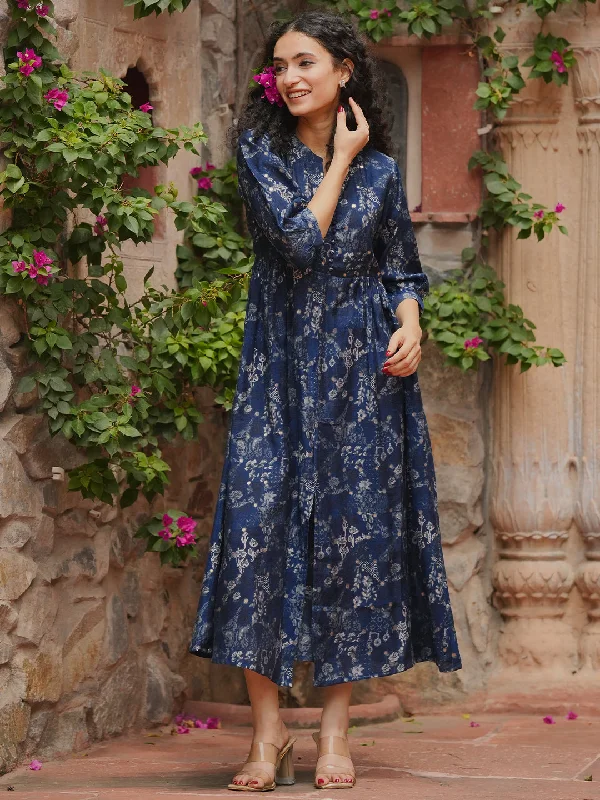 Women's Low Collar DressesBlue Printed Silk Fit and Flare Dress