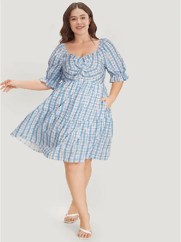 Women's Midi DressesTwist Front Square Neck Ruffle Layered Hem Bell Sleeve Dress