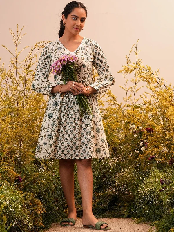 Women's Boat-Neck DressesBeige Printed Cotton A-Line Dress