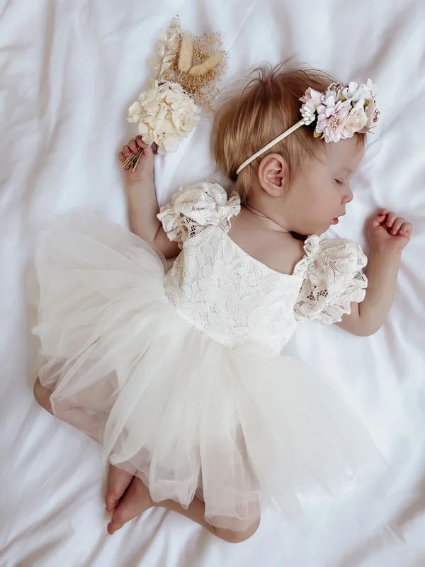 Women's Rounded-Neck DressesCallista Puff Sleeve Ivory Baby Dress