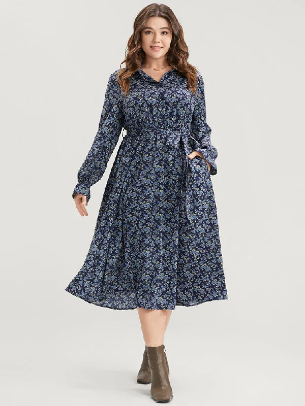 Women's Asymmetrical DressesDitsy Floral Pocket Belted Shirt Collar Dress